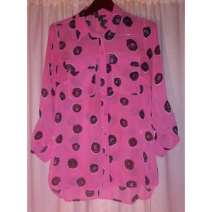 I heart Ronson Pink & Black Sheer Blouse Long Roll Tab Sleeves Button up M